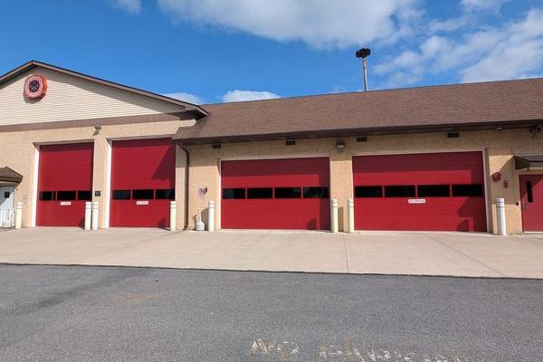 Fire house red garage doors